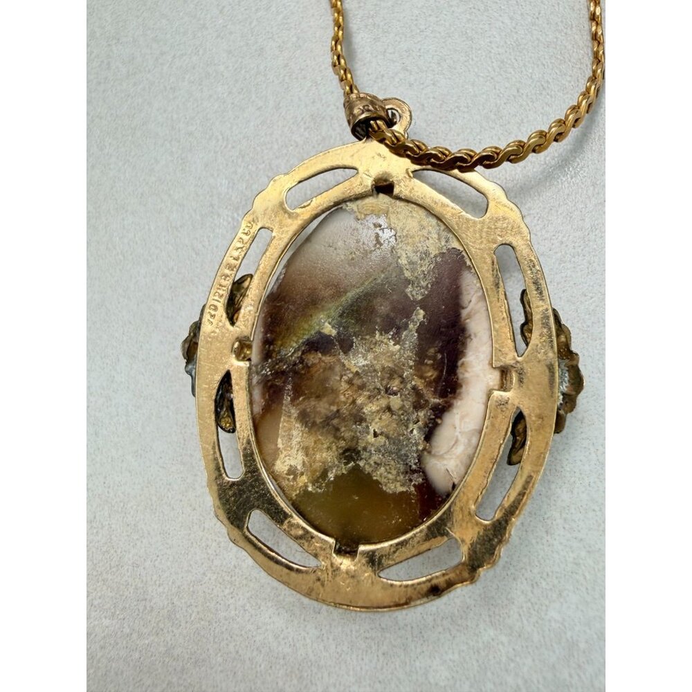 Vintage Gold Filled Large Brown Agate Pendant Art Nouveau Style Necklace - Picture 7 of 8